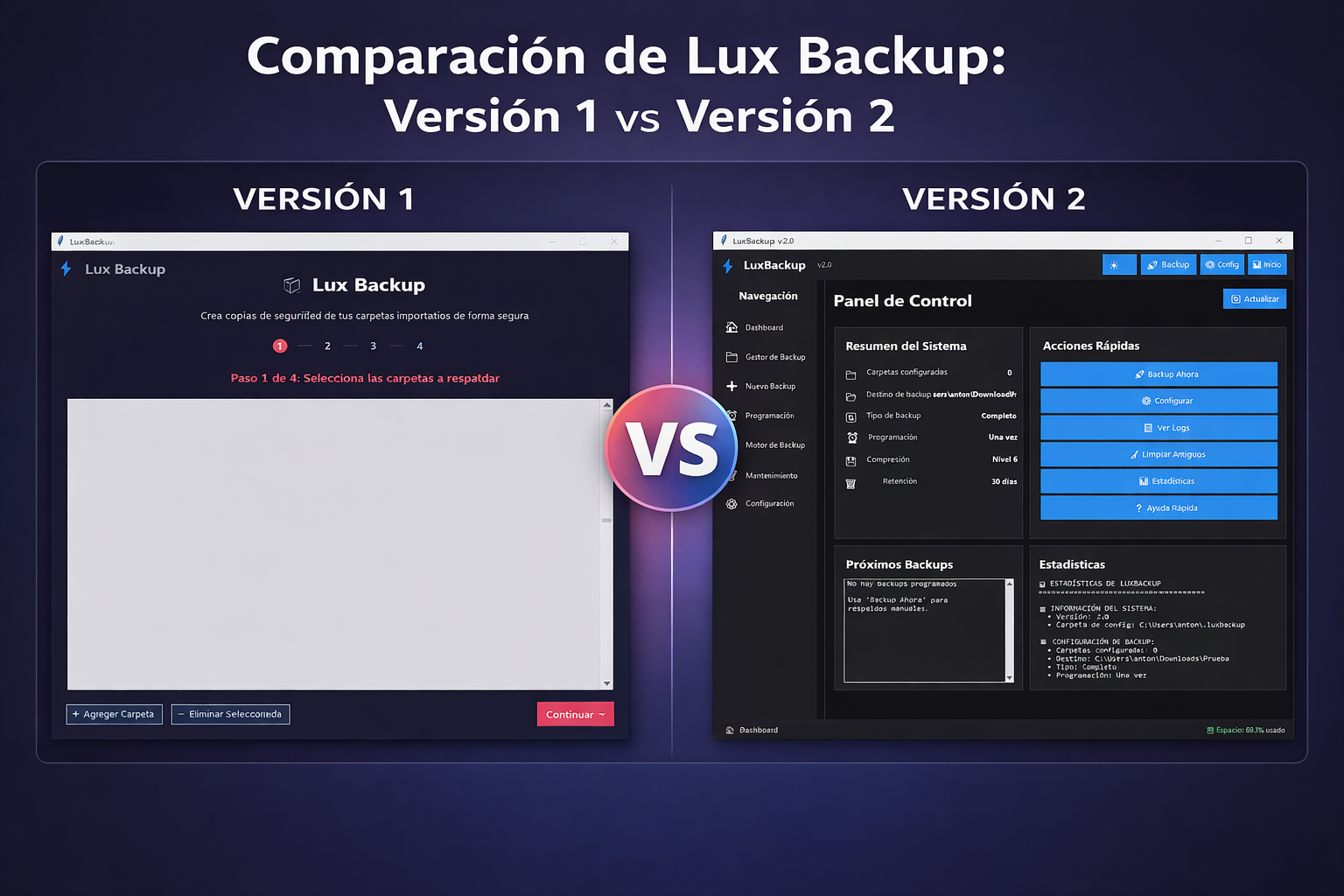 Comparación visual entre Lux Backup versión 1 y versión 2